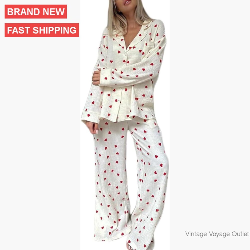Women's Cotton Pajama Set Long Sleeve Button Down Shirt Pants Loungewear